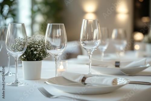 Wallpaper Mural A minimalistic setting featuring a plate of pasta on a beautifully arranged dining table with elegant glassware and a small flower centerpiece Torontodigital.ca