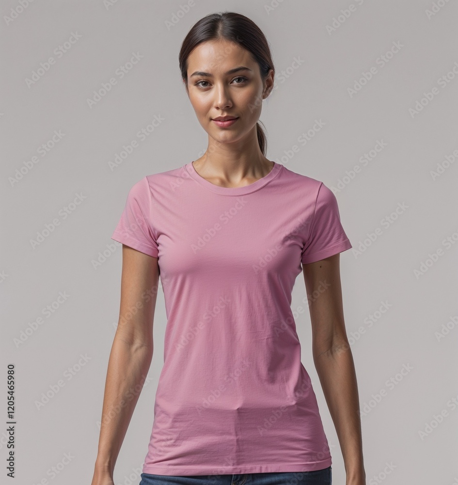 Obraz premium a woman standing and posing wearing a casual plain t-shirt for mock-up photo, fashion product