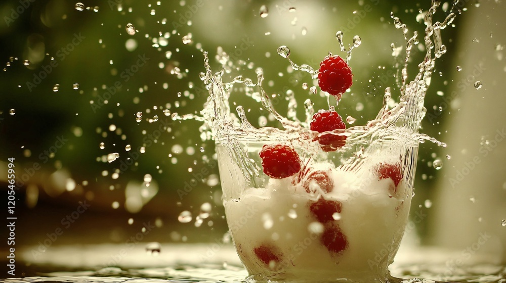 Refreshing Raspberries Splashing in Glass of Milk Refreshing Raspberries Splashing in Glass of Milk