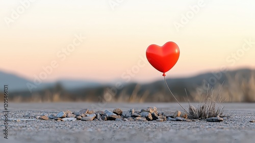 Red Heart Balloon on Rocky Ground at Sunset with Mountains and Soft Colors in Background