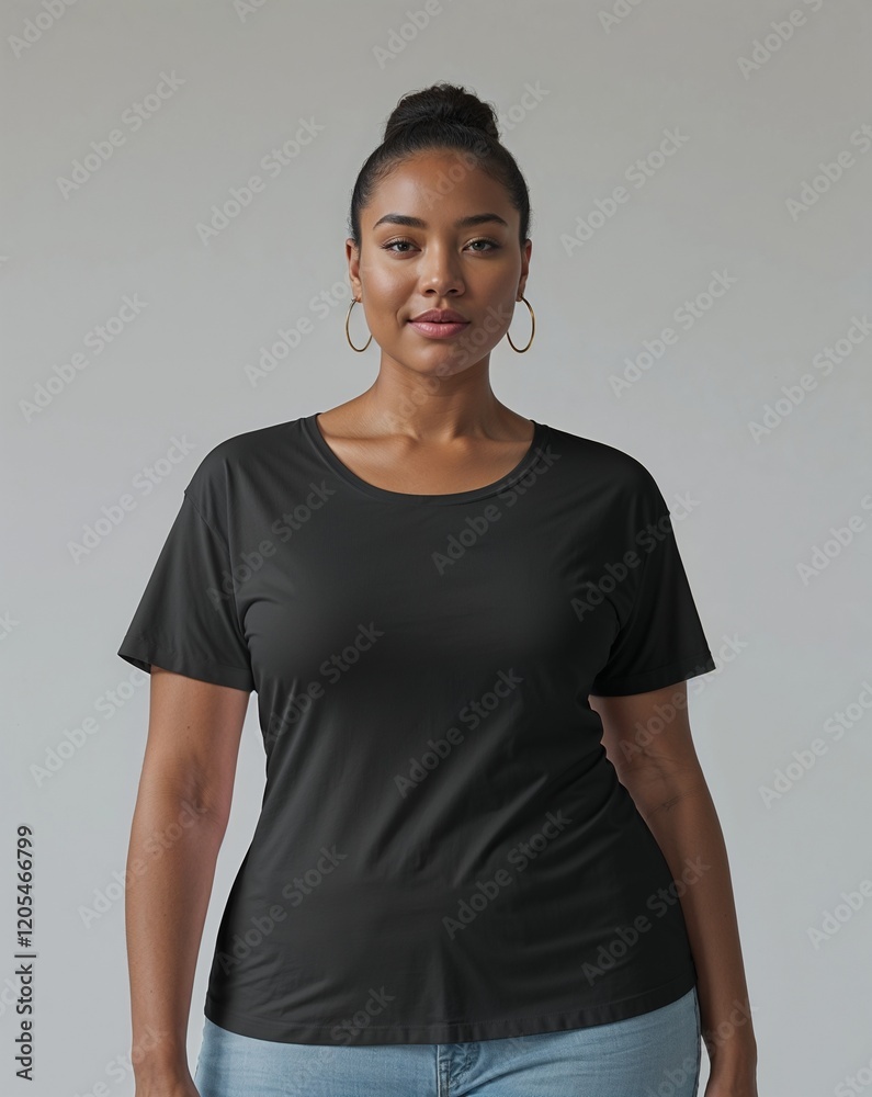 Beautiful plus size woman wearing a plain t shirt posing for mock up shirt products Beautiful plus size woman wearing a plain t shirt posing for mock up shirt products
