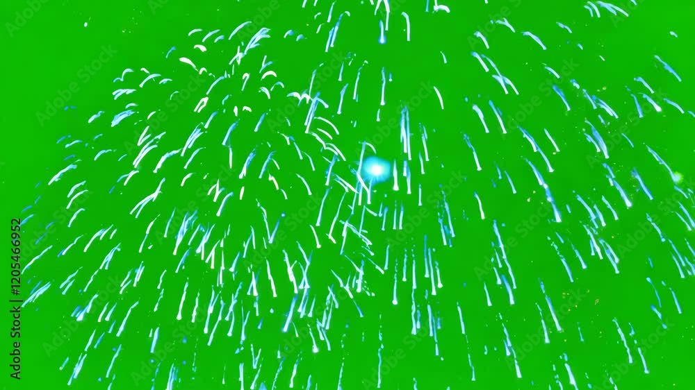 Vibrant explosion of blue fireworks on green chroma key, perfect for video editing