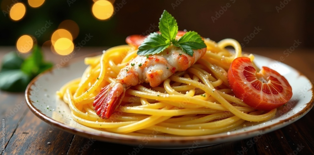 Fototapeta premium Spaghetti and lobster meat intertwined on a decorative platter, platter, Christmas, centerpiece