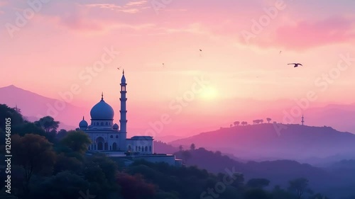 Serene Mosque Sunset Landscape Peaceful Hills Birds
