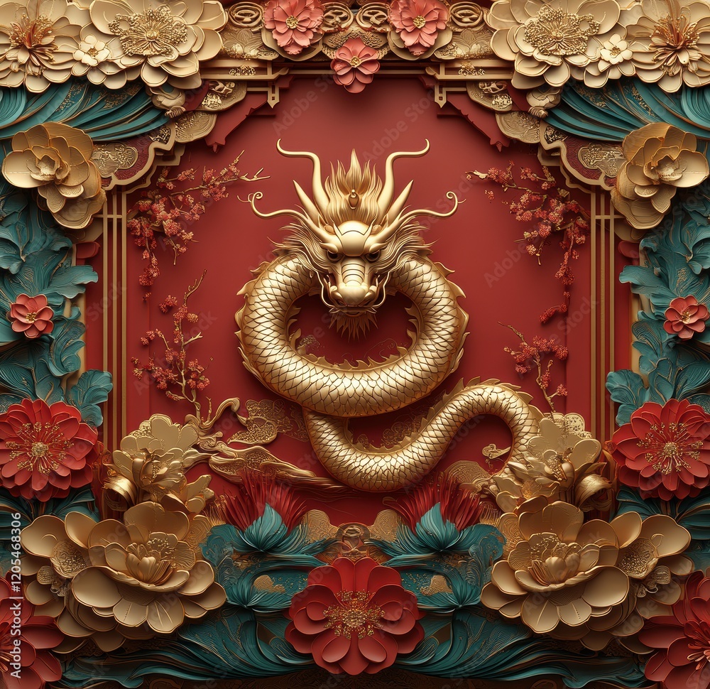 Fototapeta premium Elegant gold dragon in ornate Chinese photo frame design