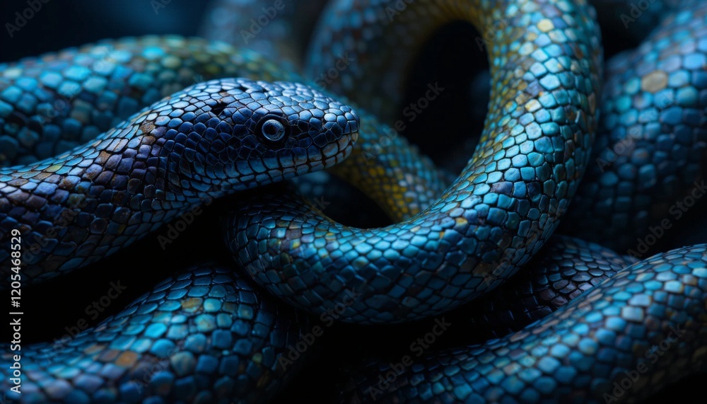 A close-up of a coiling snake with smooth scales that reflect the light. The curved body and expressive details convey the grace and mystery of this predator A close-up of a coiling snake with smooth scales that reflect the light. The curved body and expressive details convey the grace and mystery of this predator