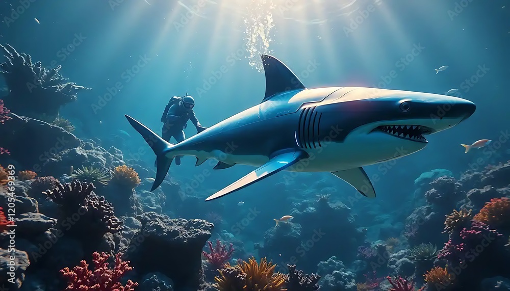 Fototapeta premium Diver Exploring Underwater Realm With A Great White Shark