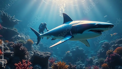 Wallpaper Mural Diver Exploring Underwater Realm With A Great White Shark Torontodigital.ca