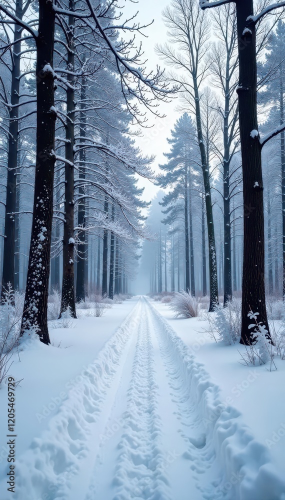 Fototapeta premium Frozen forest landscape with bare trees in winter snow, winter landscape, snowy woods