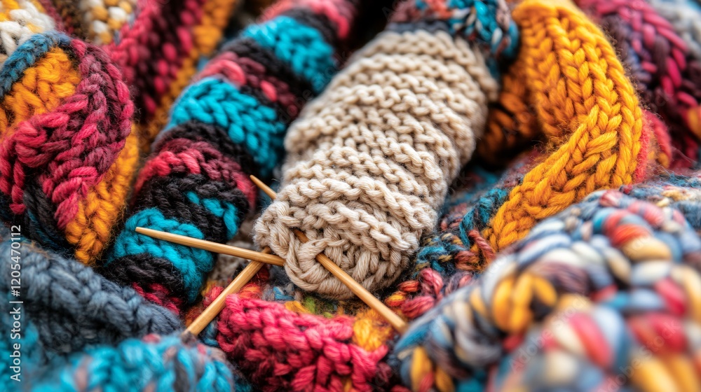 Colorful Knitted Yarn Texture Background, Closeup of Wool and Needles Colorful Knitted Yarn Texture Background, Closeup of Wool and Needles