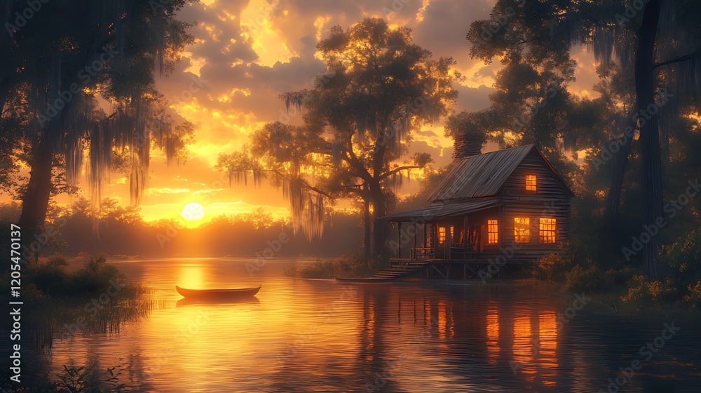 Fototapeta premium Sunset Bayou Cabin, Peaceful River, Cypress Swamp, Golden Hour, Solitude