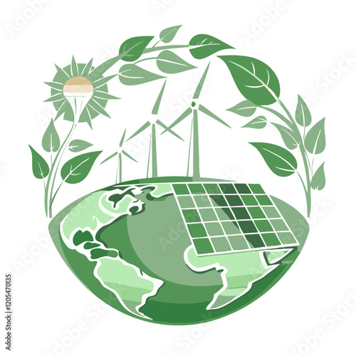 Eco-friendly illustration of Earth with solar panels, wind turbines, and greenery for sustainability