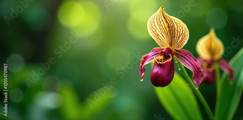 Leafy greens surrounding delicate Paphiopedilum micranthum flowers, klosterneuburg, orchids photo