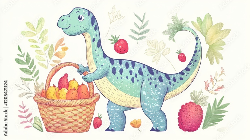 Fototapeta premium Cute Dinosaur with Basket of Fruits Surrounded by Vegetation