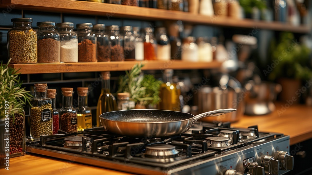 Empty pan on gas stove, spices on shelves. Empty pan on gas stove, spices on shelves.