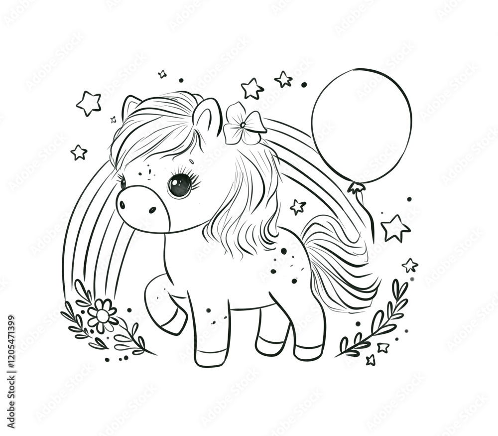 Fototapeta premium Cute Hand-Drawn Pony Illustration with Flower Decoration in Black and White Style. Line Art Drawing for Coloring and Kids' Creative Activities