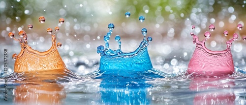 Vibrant Triple Water Drop Splash Crown Macro Photography