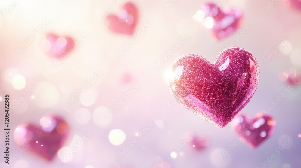 Obraz premium Shimmering Pink Hearts Floating in Soft Light Background