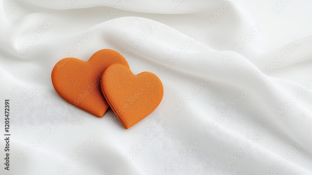 Obraz premium Two Vibrant Orange Heart Shapes on Soft White Fabric Background for Romantic Themes