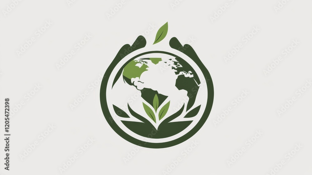 A minimalistic illustration of a globe held by hands, surrounded by green leaves, symbolizing environmental care A minimalistic illustration of a globe held by hands, surrounded by green leaves, symbolizing environmental care