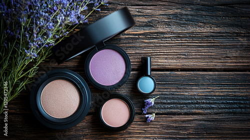 Flat lay of artisanal makeup products, rustic wooden background, cozy and intimate tone., Realistic Photo, copy space for text


