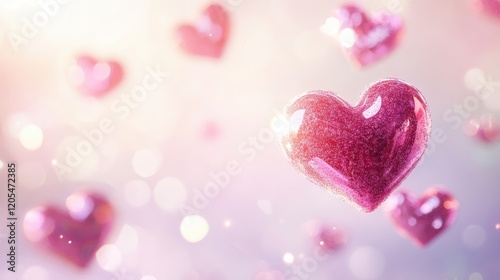 Shimmering Pink Hearts Floating in Soft Light Background