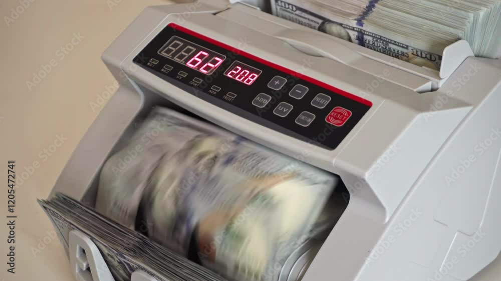 Currency counting machine in use with bills being processed