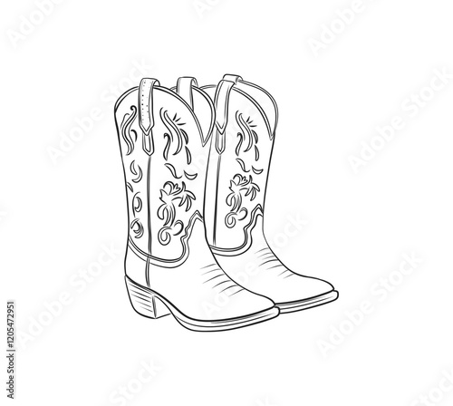 Detailed Cowboy Boot Line Art Illustration in Black and White Western Style