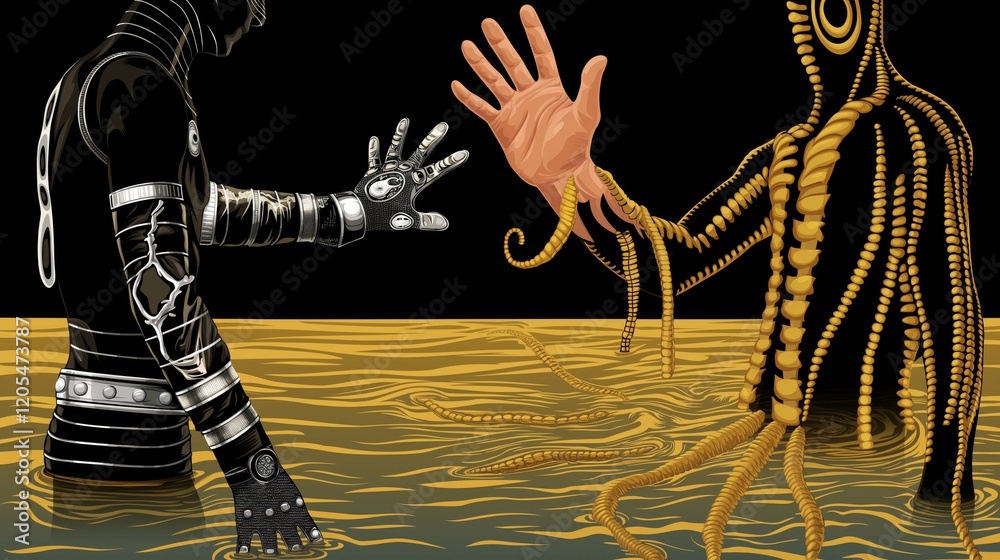 Fototapeta premium A minimalistic comic book illustration featuring a superhero with a robotic arm reaching out to a creature with tentacles in a golden environment