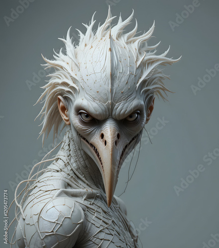 Bird-like humanoid with intricate features and fierce expression in a surreal artistic portrait 