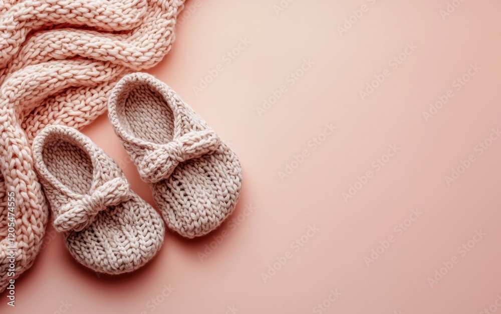 Fototapeta premium Cozy knitted slippers placed on a pastel peach background