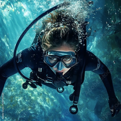 Wallpaper Mural A diver swimming beneath the water, surrounded by a serene underwater world. Torontodigital.ca