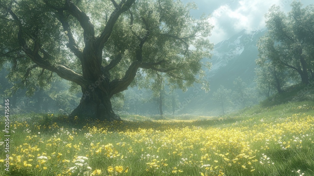 Fototapeta premium Enchanted Meadow Landscape with Ancient Tree and Misty Mountains