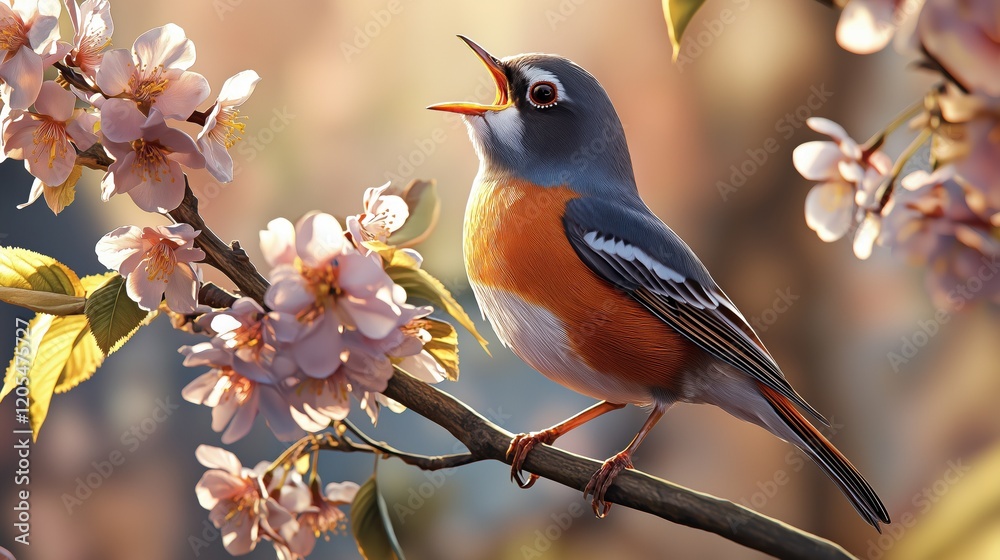 Fototapeta premium Robin perched on a blooming branch, singing in the golden light of spring morning