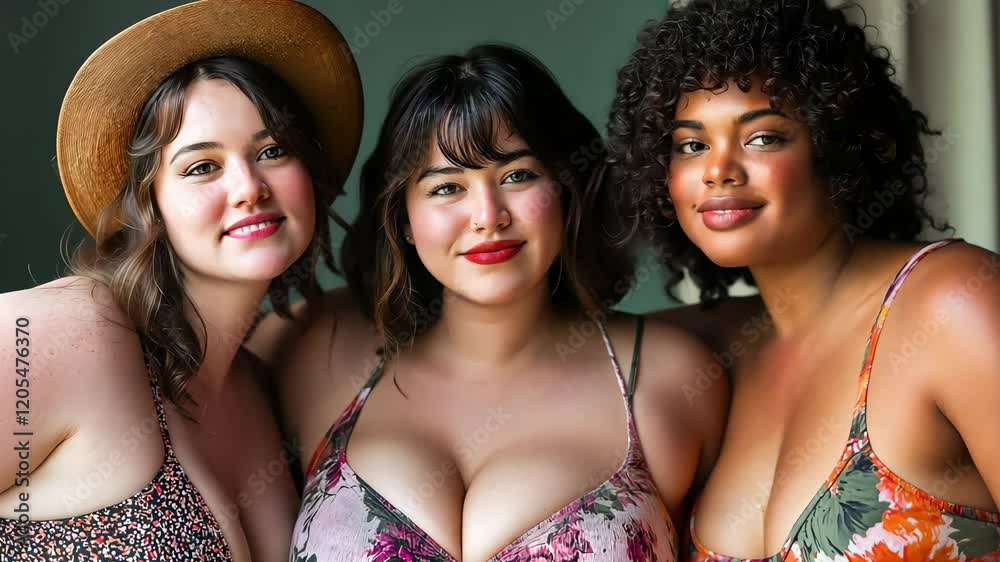 Three women posing for body positive studio portraits. Celebrating and having fun. Concept about lifestyle and body positivity	