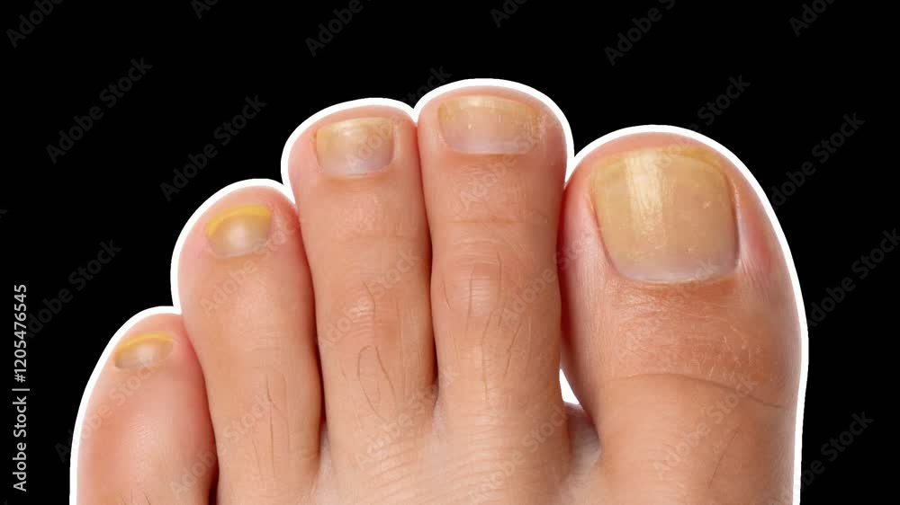 A human foot with sick yellow nails appears, with time the nails recover. Podiatrist concept. Empty space for text. Smooth animation on transparent background
