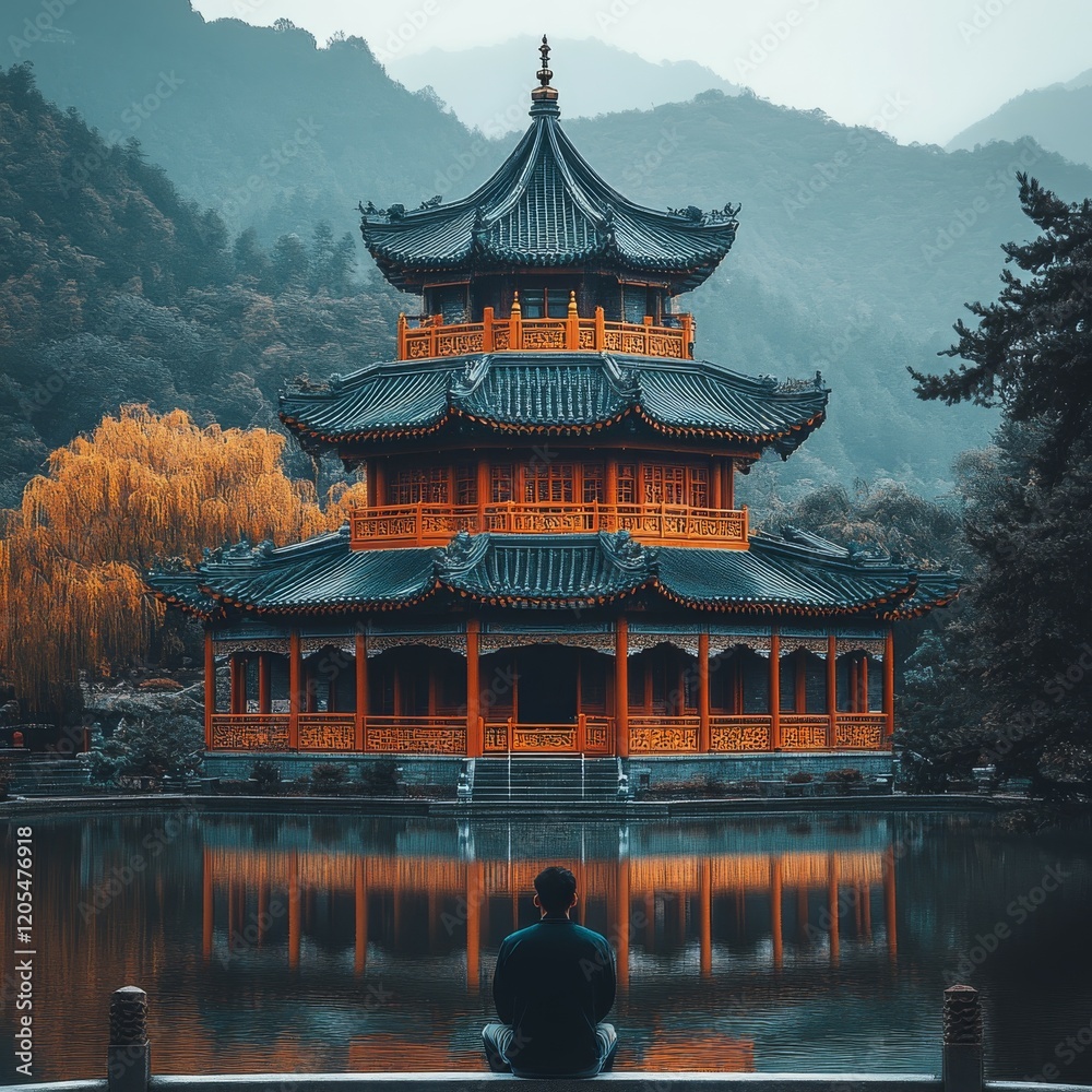 Obraz premium Serene pagoda reflection in tranquil waters amidst mountains and autumn foliage.