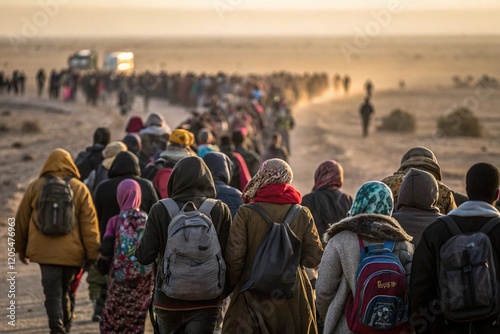 Wallpaper Mural large crowd of migrants traveling together across harsh desert terrain
 Torontodigital.ca