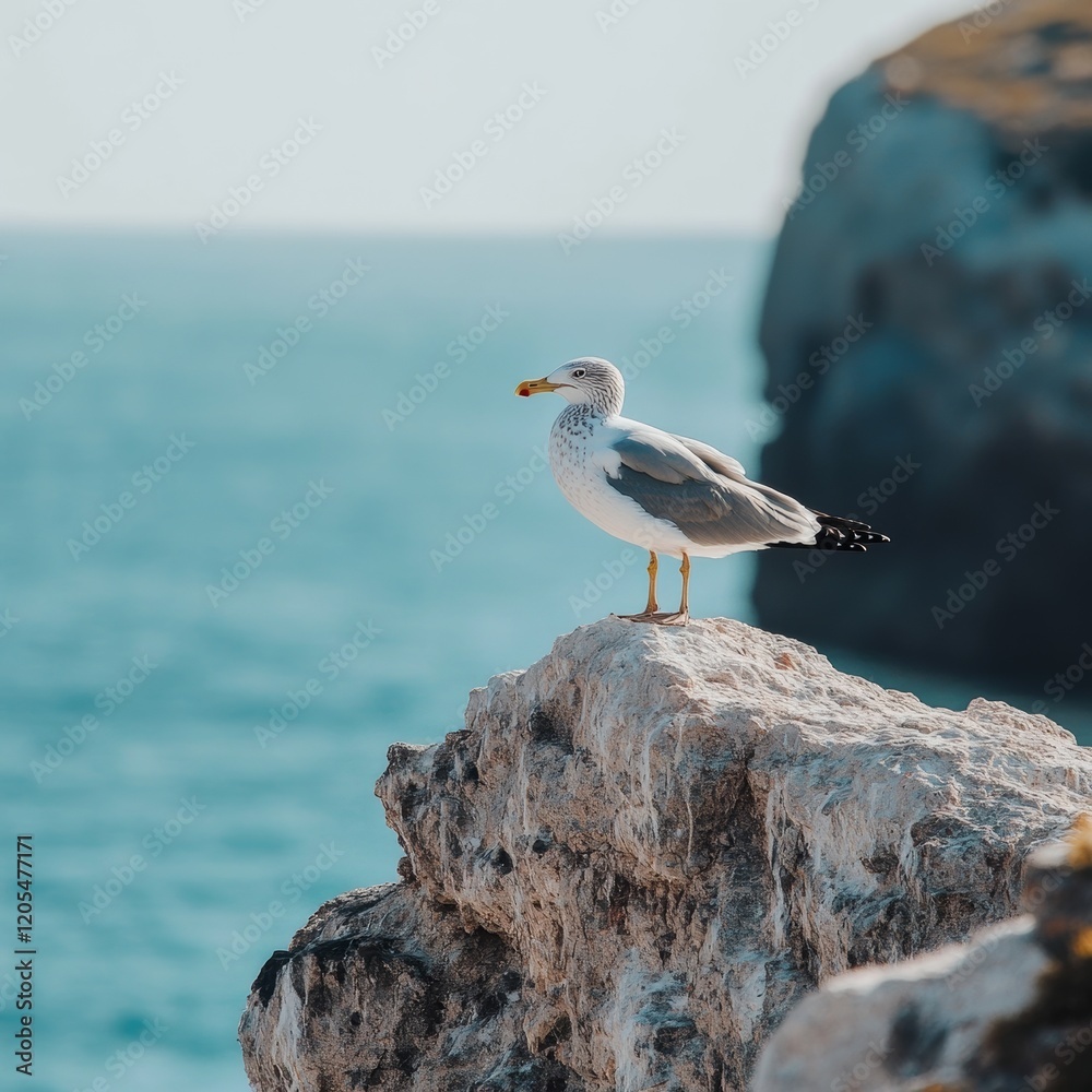 A calm seagull perched on a rock, gazing peacefully at the seaside view. A calm seagull perched on a rock, gazing peacefully at the seaside view.