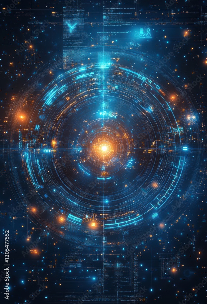 Obraz premium Abstract futuristic digital interface with glowing orange and blue lights
