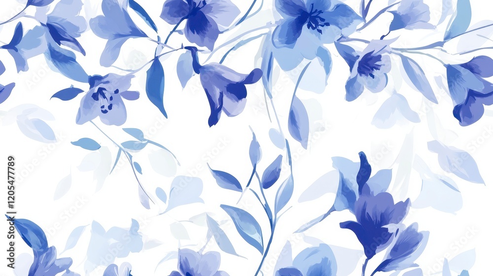 Fototapeta Indigo Bluebells on Soft White, intricate seamless pattern featuring delicate bluebell flowers against a light background, elegant and serene design