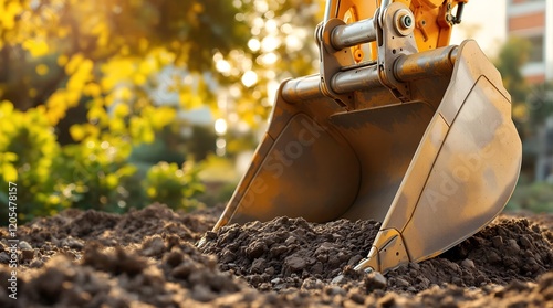 Earthworks in Progress: Excavator Bucket and Soil Movement Scene