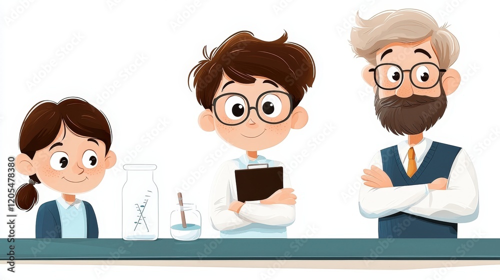 Fototapeta premium Cartoon Characters Engaged in Science Experiment with Laboratory Equipment and Happy Expressions