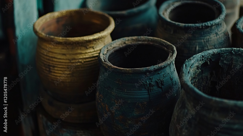 Ancient Pottery Collection, Dark Teal and Gold Clay Pots Ancient Pottery Collection, Dark Teal and Gold Clay Pots