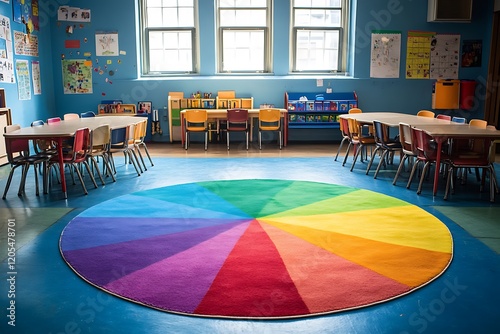 A colorful carpet in the center of an early childhood classroom, 