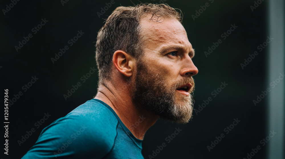 Close-up of a bearded man in a teal shirt during an outdoor workout, looking focused and determined. Highlights fitness, endurance, and motivation. Close-up of a bearded man in a teal shirt during an outdoor workout, looking focused and determined. Highlights fitness, endurance, and motivation.