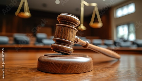 Wallpaper Mural Wooden gavel on a table in a courtroom with a blurred background. Torontodigital.ca