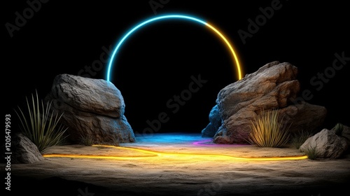 Neon Glow Arch in a Desert Landscape with Rock Formation and Colorful Lighting Effects