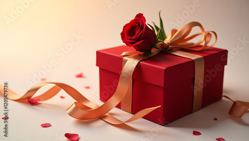 A luxurious red gift box with a long-stemmed rose on top, wrapped in champagne ribbon, glowing warmly against a creamy white background.
 photo