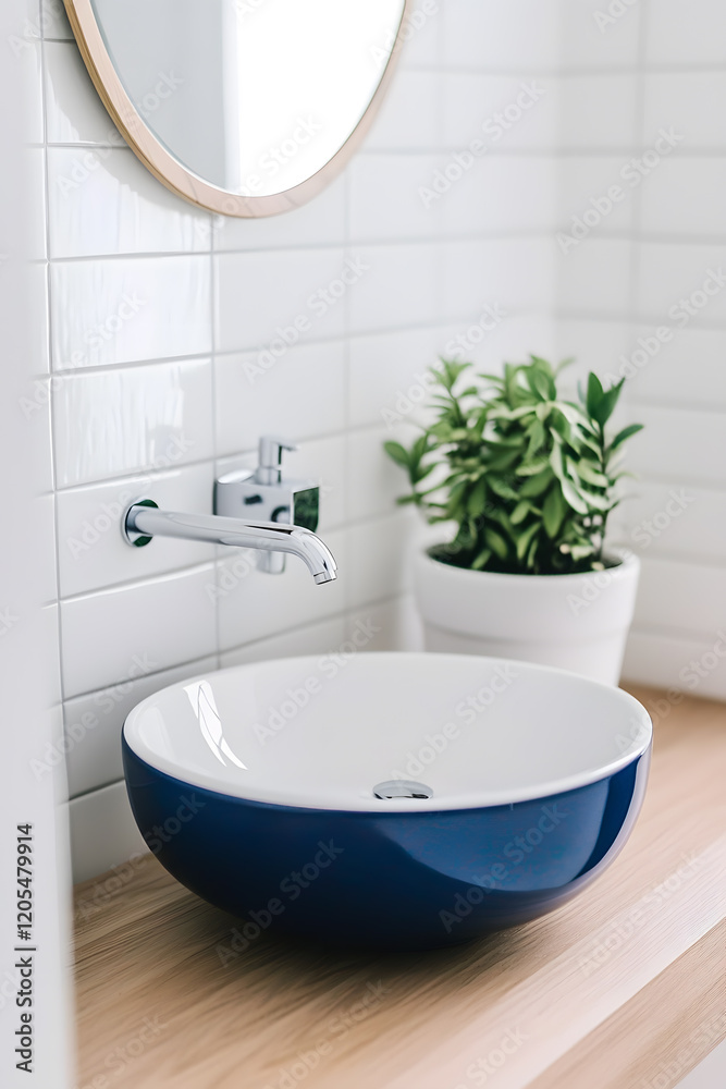 Fototapeta premium Modern luxury bathroom interior in navy blue and gold and white colors with modern bathroom sink setup featuring a sleek faucet, a round basin.